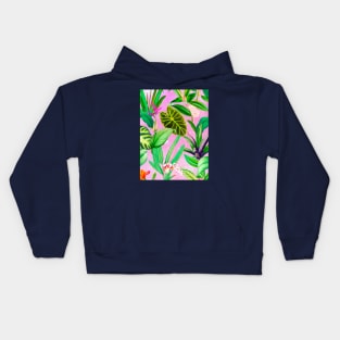 Stylish Tropical floral leaves and foliage botanical illustration, botanical pattern, tropical plants, pink leaves pattern over a Kids Hoodie